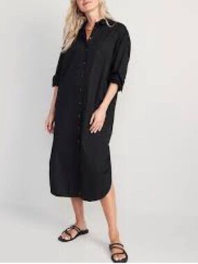 Old Navy Women’s Black Cotton Poplin Midi Shirt Dress, Size M